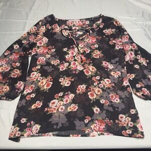 Black‎ Floral Chiffon Blouse Medium 3/4 Peasant Sleeve Whimsigoth Sheer Romantic